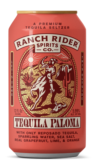 An image of the Ranch Rider Tequila Paloma pre-made cocktail can. The can is dark peach with dark red, cream, and yellow details. The label says "A premium tequila seltzer" at the top. Below that, there is an image of a cowboy on a horse with a rope on a desert backdrop. Below the logo, the label says: "Tequila Paloma, with only reposado tequila, sparkling water, sea salt, real grapefruit, lime and orange."