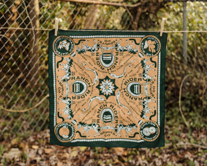 Green, white and peach bandana with western motifs and the Ranch Rider logo.