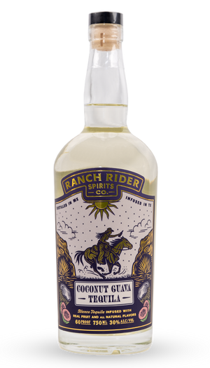 Image of a bottle of Ranch Rider Spirits Coconut Guava-infused Blanco Tequila. The bottle is clear with a blue, white, and gold label. At the top of the label, the Ranch Rider Spirits Co. logo is in dark blue and gold. Below that, there is an illustration of a cowboy riding a horse through a desert scene. Below the image, there is a label that says “Coconut Guava Tequila, Blanco tequila infused with real fruit and all natural flavors. 60 Proof, 750 ml, 30% ABV.”
