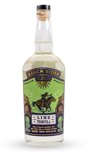 Image of a bottle of Ranch Rider Spirits Lime-infused Blanco Tequila. The bottle is clear with a blue, lime green, and gold label. At the top of the label, the Ranch Rider Spirits Co. logo is in dark blue and gold. Below that, there is an illustration of a cowboy riding a horse through a desert scene. Below the image, there is a label that says “Lime Tequila, Blanco tequila infused with real fruit and all natural flavors. 60 Proof, 750 ml, 30% ABV.”