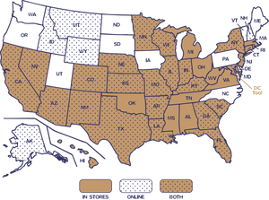 A blue and white map of the United States, with blue dots indicating which states support online purchases of Ranch Rider products, and gold fill indicating which states support in-store sales of Ranch Rider products. States with blue dots and gold fill support both. You can search an up-to-date list of availability on the “Find Us” page.