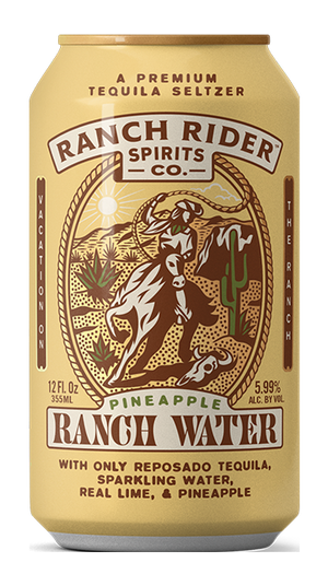 An image of the Pineapple Ranch Water pre-made cocktail can. The can is light yellow with brown, cream, and green details. The label says "A premium tequila seltzer" at the top. Below that, there is an image of a cowboy on a horse with a rope on a desert backdrop. Below the logo, the label says: "Pineapple Ranch Water, with only reposado tequila, sparkling water, real lime and pineapple."