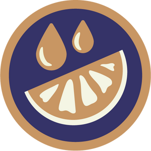 Dark blue and gold icon of a slice of citrus with drops of juice around it. The icon sits above the label “Real Citrus.”