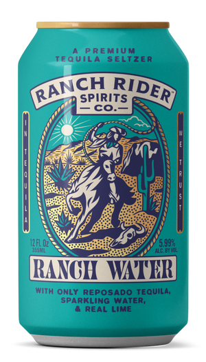 An image of the Original Ranch Water pre-made cocktail can. The can is turquoise with blue and gold details. The label says "A premium tequila seltzer" at the top. Below that, there is an image of a cowboy on a horse with a rope on a desert backdrop. Below the logo, the label says: "Ranch Water, with only reposado tequila, sparkling water, and real lime."