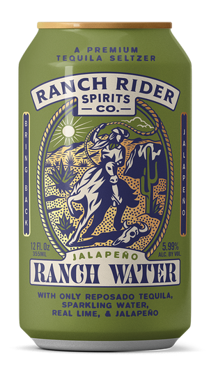 An image of the Jalapeño Ranch Water pre-made cocktail can. The can is olive green with dark blue, cream, and orange details. The label says "A premium tequila seltzer" at the top. Below that, there is an image of a cowboy on a horse with a rope on a desert backdrop. Below the logo, the label says: "Jalapeño Ranch Water, with only reposado tequila, sparkling water, real lime and jalapeño."