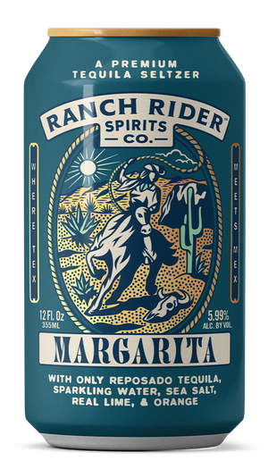 An image of the Ranch Rider Margarita pre-made cocktail can. The can is dark teal with dark blue, cream, light teal, and orange details. The label says "A premium tequila seltzer" at the top. Below that, there is an image of a cowboy on a horse with a rope on a desert backdrop. Below the logo, the label says: "Margarita, with only reposado tequila, sparkling water, sea salt, real lime and orange."