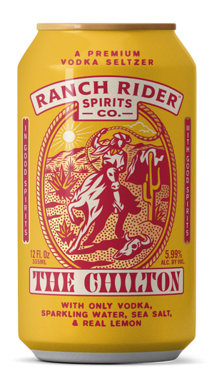 An image of the Ranch Rider The Chilton pre-made cocktail can. The can is dark yellow with red and cream details. The label says "A premium vodka seltzer" at the top. Below that, there is an image of a cowboy on a horse with a rope on a desert backdrop. Below the logo, the label says: "The Chilton, with only vodka, sparkling water, sea salt, and real lemon."