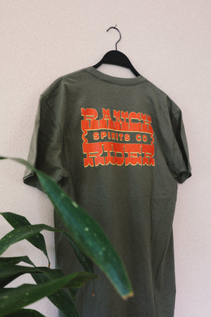 Green t-shirt with red and yellow Ranch Rider logo on the back.