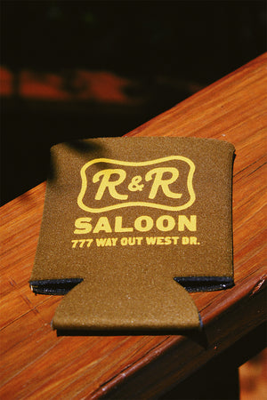 Black koozie with "R&R Saloon" design.